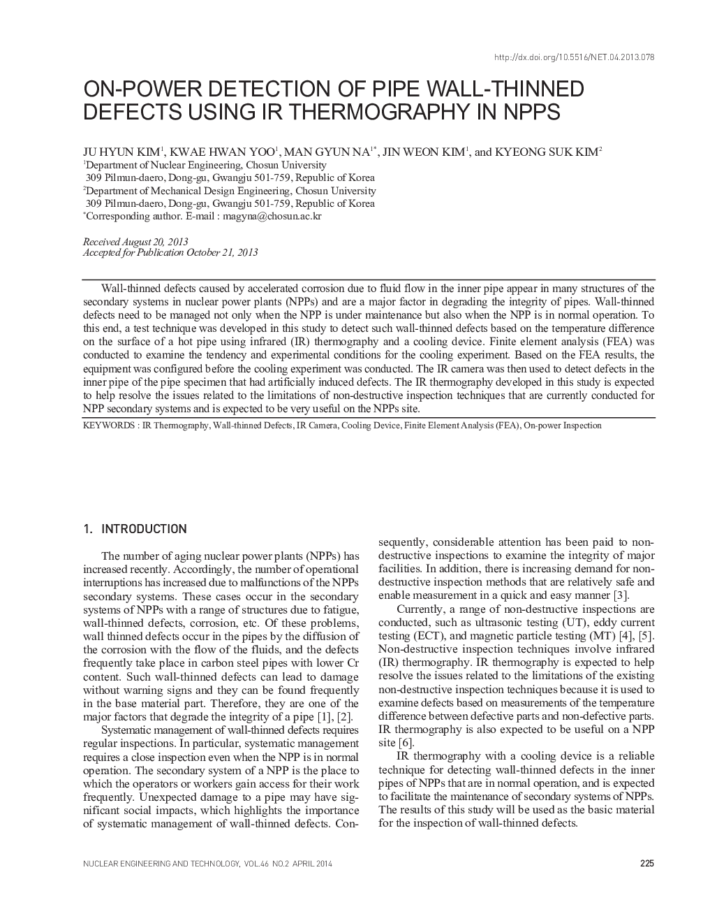 ON-POWER DETECTION OF PIPE WALL-THINNED DEFECTS USING IR THERMOGRAPHY IN NPPS