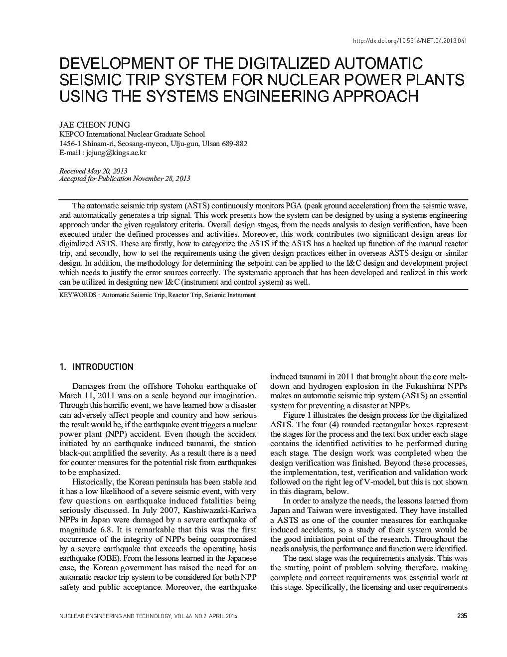 DEVELOPMENT OF THE DIGITALIZED AUTOMATIC SEISMIC TRIP SYSTEM FOR NUCLEAR POWER PLANTS USING THE SYSTEMS ENGINEERING APPROACH