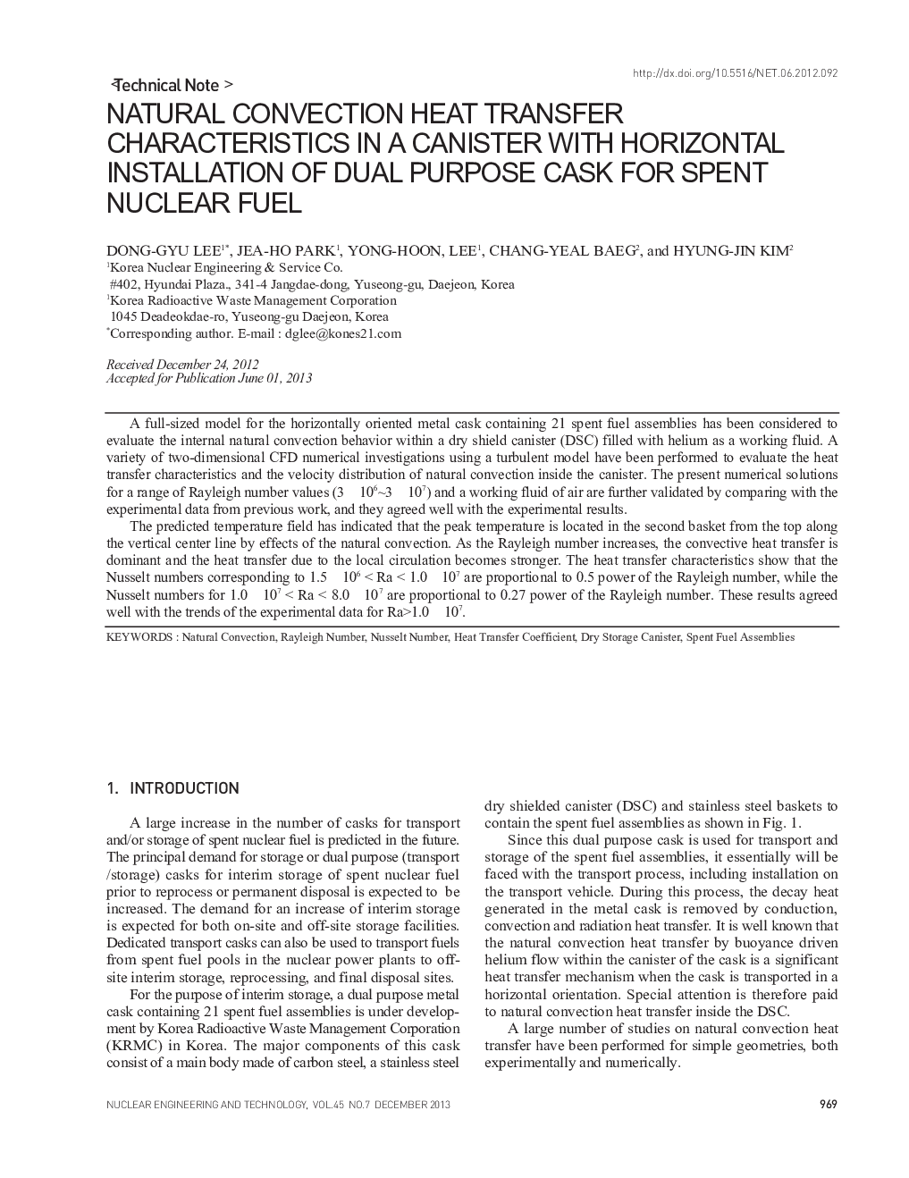 NATURAL CONVECTION HEAT TRANSFER CHARACTERISTICS IN A CANISTER WITH HORIZONTAL INSTALLATION OF DUAL PURPOSE CASK FOR SPENT NUCLEAR FUEL