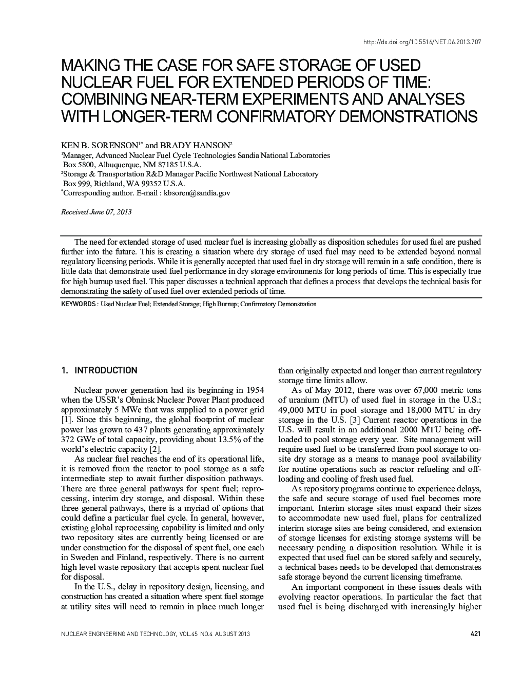 MAKING THE CASE FOR SAFE STORAGE OF USED NUCLEAR FUEL FOR EXTENDED PERIODS OF TIME: COMBINING NEAR-TERM EXPERIMENTS AND ANALYSES WITH LONGER-TERM CONFIRMATORY DEMONSTRATIONS