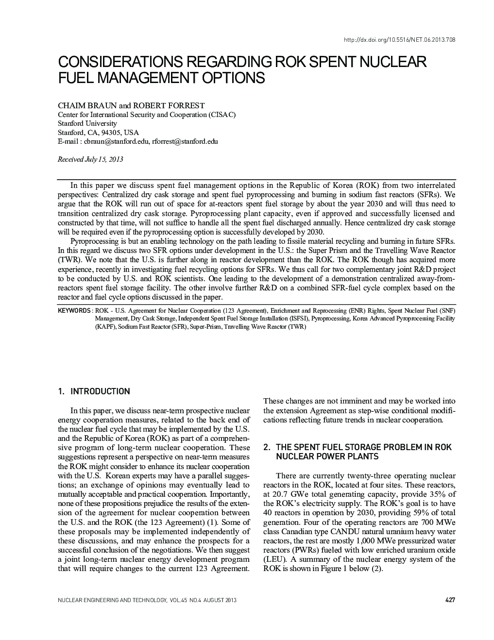 CONSIDERATIONS REGARDING ROK SPENT NUCLEAR FUEL MANAGEMENT OPTIONS