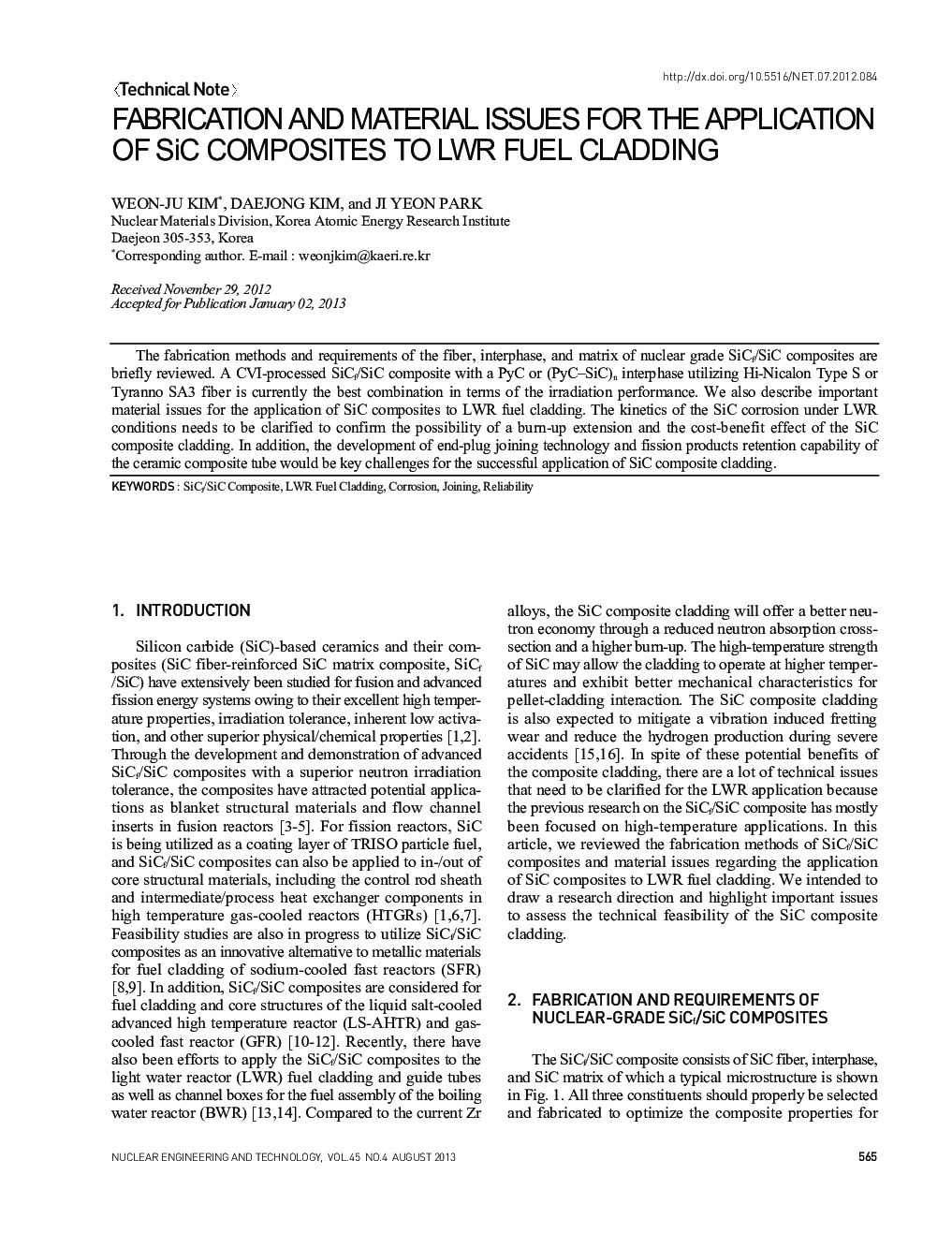 FABRICATION AND MATERIAL ISSUES FOR THE APPLICATION OF SiC COMPOSITES TO LWR FUEL CLADDING