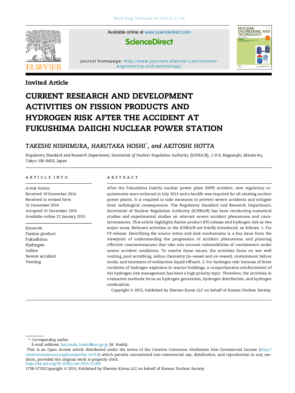 Current research and development activities on fission products and hydrogen risk after the accident at Fukushima Daiichi Nuclear Power Station 