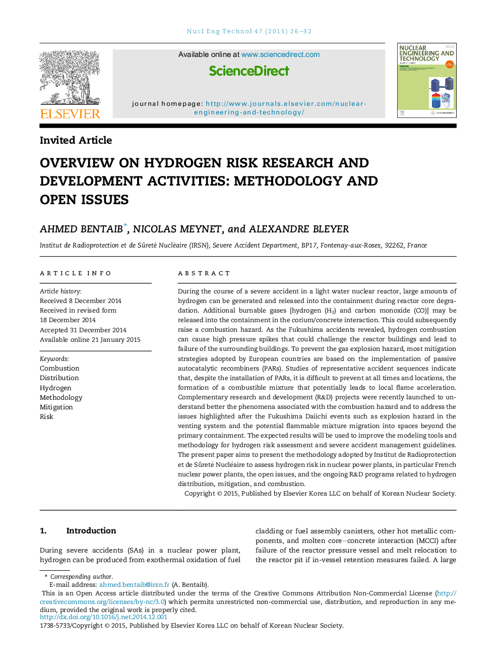 Overview on hydrogen risk research and development activities: Methodology and open issues 