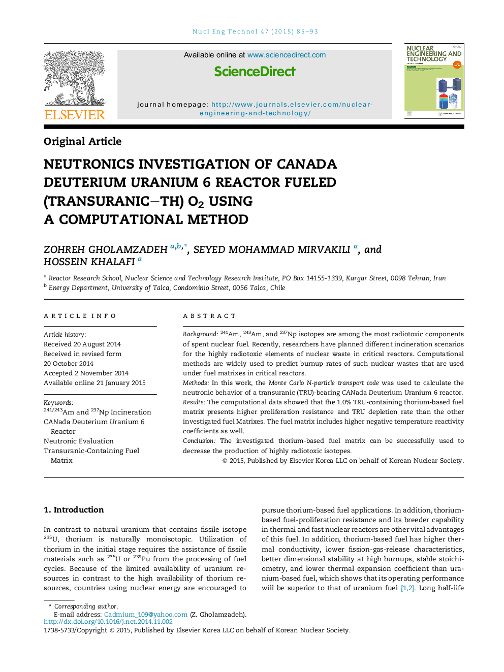 Neutronics investigation of CANada DeuteriumÂ Uranium 6 reactor fueled (transuranic-Th) O2 using a computational method