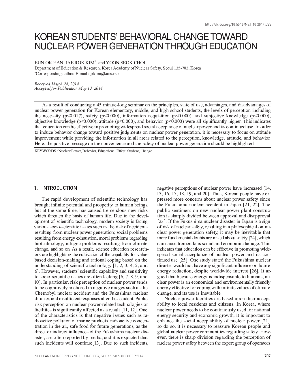 KOREAN STUDENTS' BEHAVIORAL CHANGE TOWARD NUCLEAR POWER GENERATION THROUGH EDUCATION