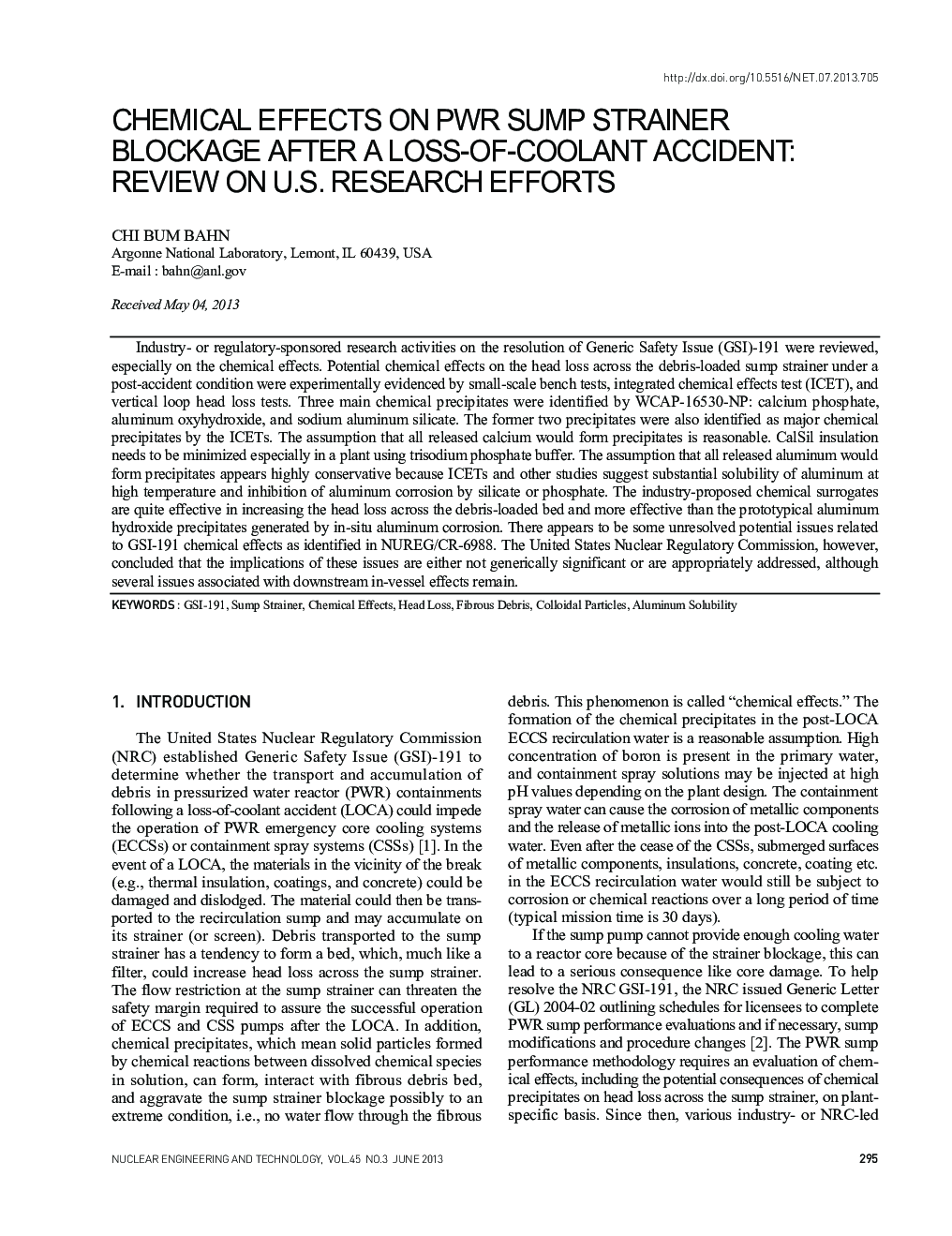 CHEMICAL EFFECTS ON PWR SUMP STRAINER BLOCKAGE AFTER A LOSS-OF-COOLANT ACCIDENT: REVIEW ON U.S. RESEARCH EFFORTS