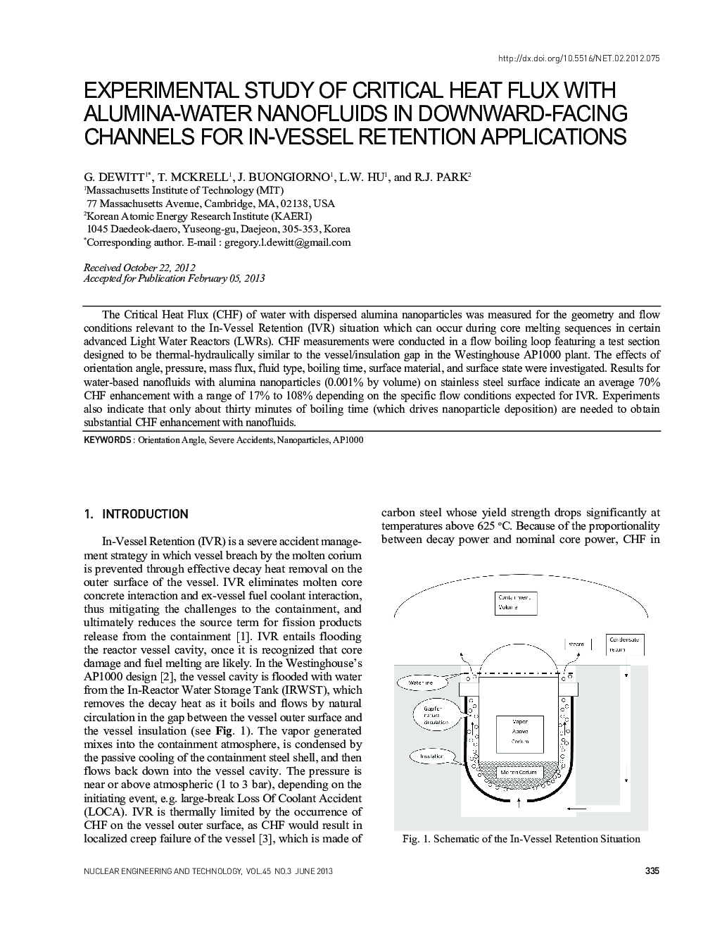 EXPERIMENTAL STUDY OF CRITICAL HEAT FLUX WITH ALUMINA-WATER NANOFLUIDS IN DOWNWARD-FACING CHANNELS FOR IN-VESSEL RETENTION APPLICATIONS