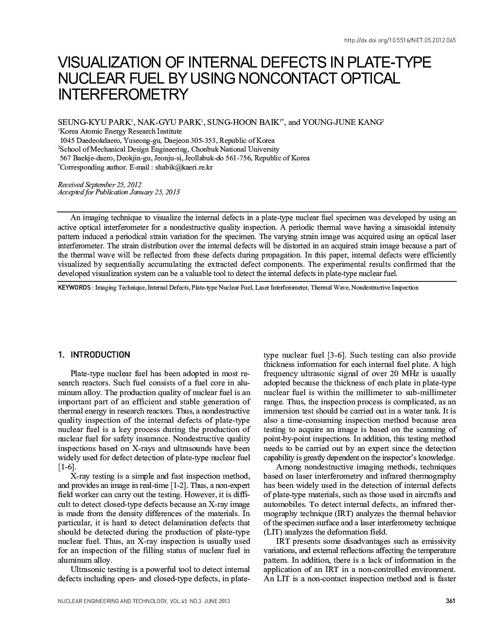 VISUALIZATION OF INTERNAL DEFECTS IN PLATE-TYPE NUCLEAR FUEL BY USING NONCONTACT OPTICAL INTERFEROMETRY