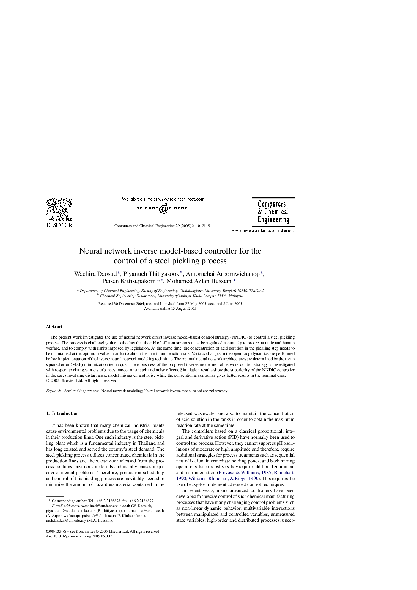 Neural network inverse model-based controller for the control of a steel pickling process