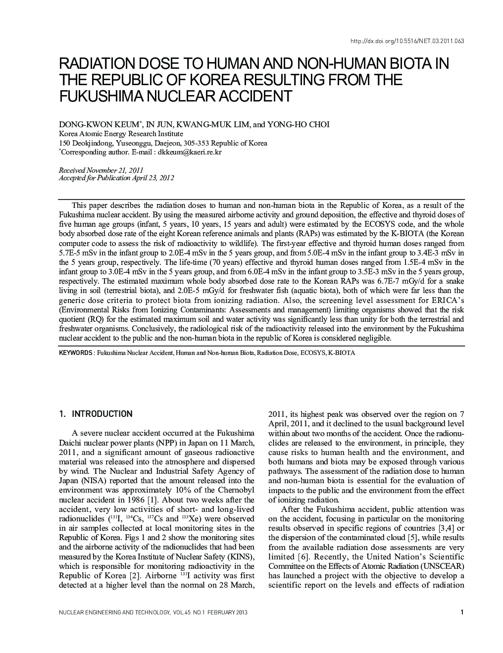 RADIATION DOSE TO HUMAN AND NON-HUMAN BIOTA IN THE REPUBLIC OF KOREA RESULTING FROM THE FUKUSHIMA NUCLEAR ACCIDENT