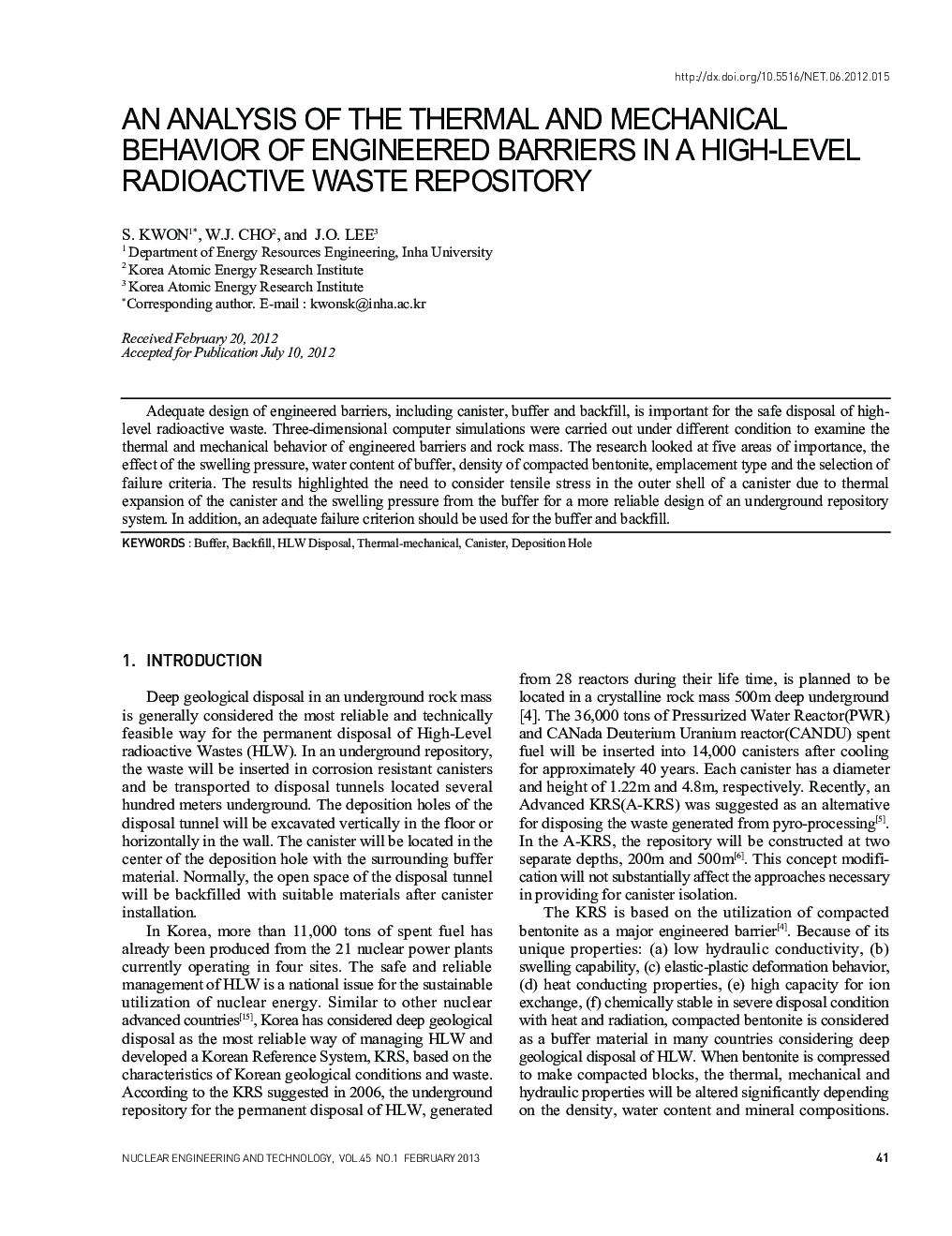 AN ANALYSIS OF THE THERMAL AND MECHANICAL BEHAVIOR OF ENGINEERED BARRIERS IN A HIGH-LEVEL RADIOACTIVE WASTE REPOSITORY