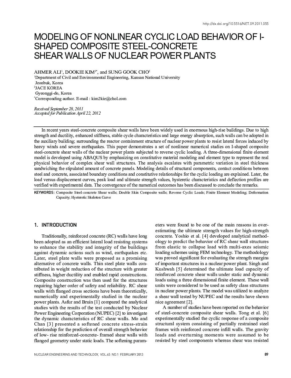 MODELING OF NONLINEAR CYCLIC LOAD BEHAVIOR OF I-SHAPED COMPOSITE STEEL-CONCRETE SHEAR WALLS OF NUCLEAR POWER PLANTS