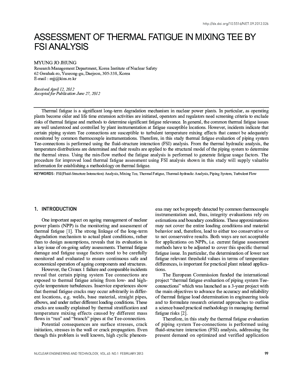 ASSESSMENT OF THERMAL FATIGUE IN MIXING TEE BY FSI ANALYSIS