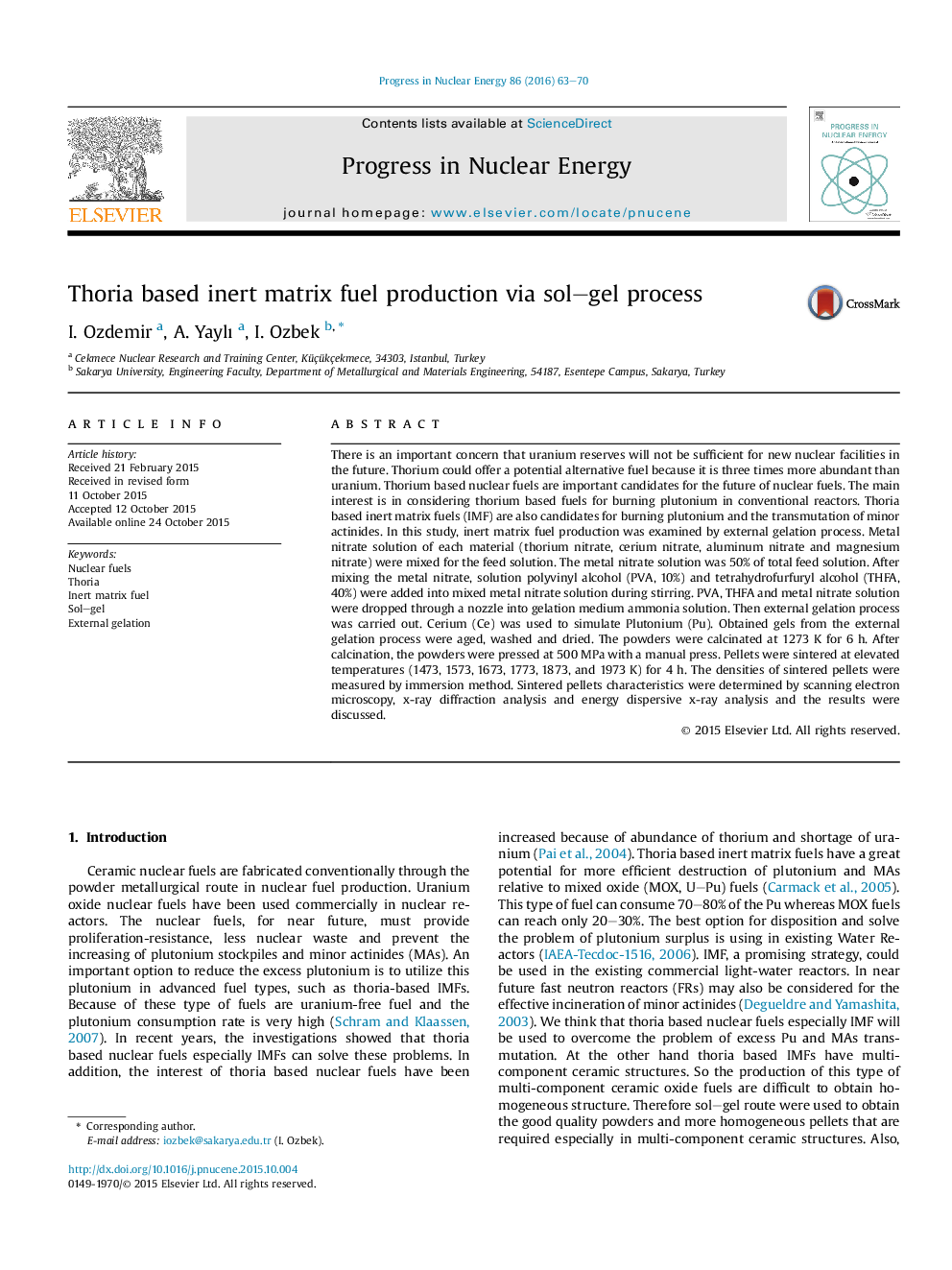 Thoria based inert matrix fuel production via sol-gel process