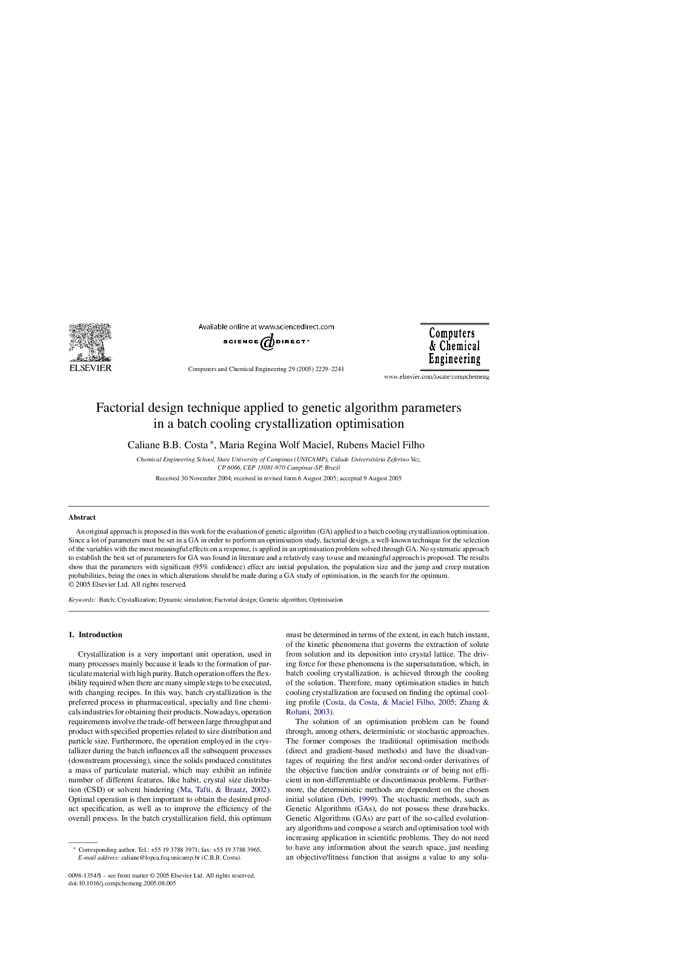 Factorial design technique applied to genetic algorithm parameters in a batch cooling crystallization optimisation