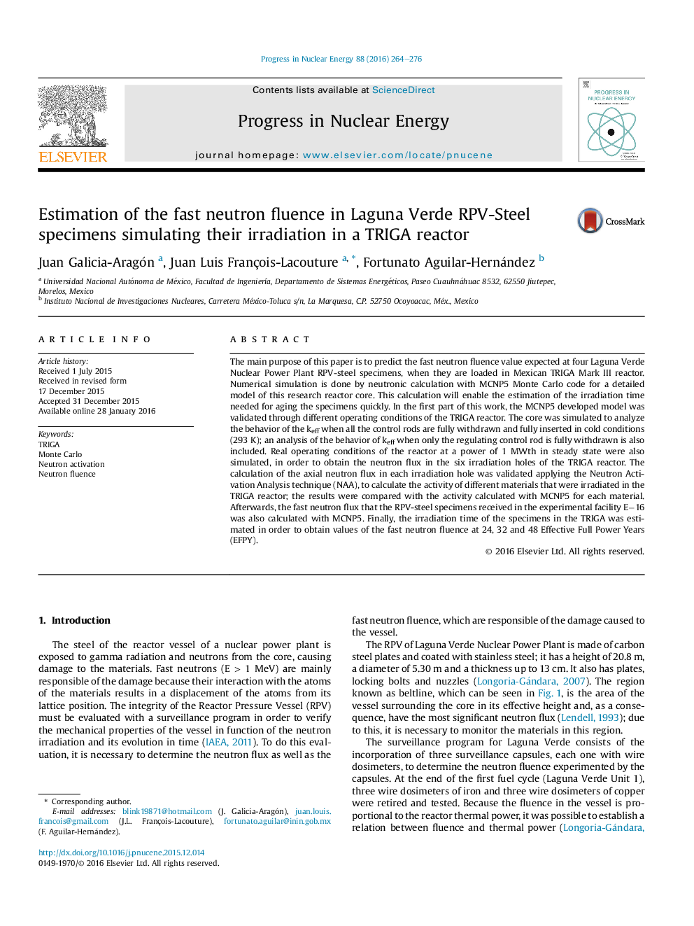 Estimation of the fast neutron fluence in Laguna Verde RPV-Steel specimens simulating their irradiation in a TRIGA reactor