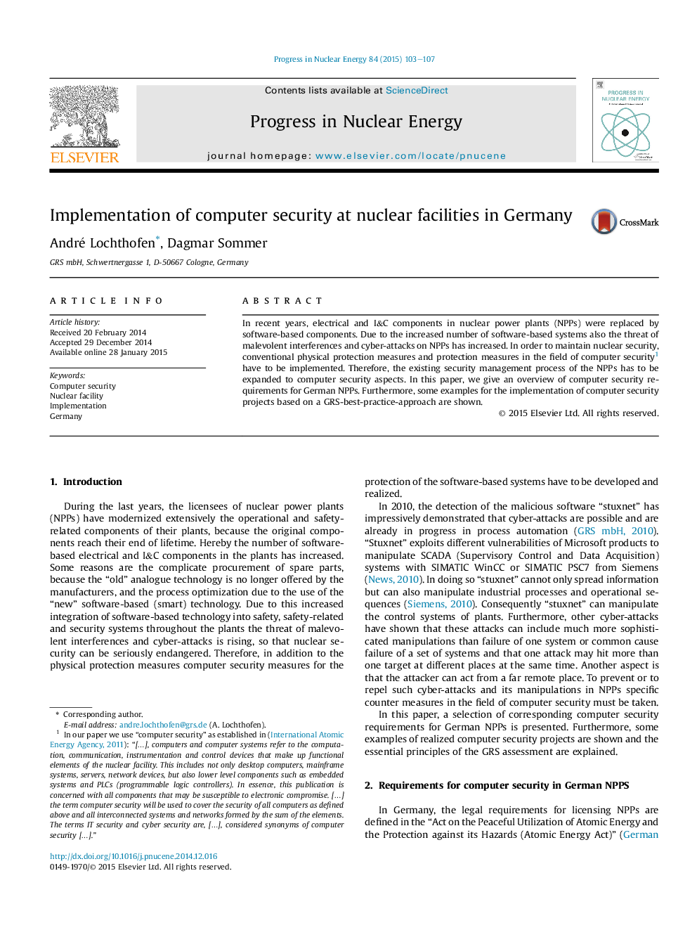 Implementation of computer security at nuclear facilities in Germany