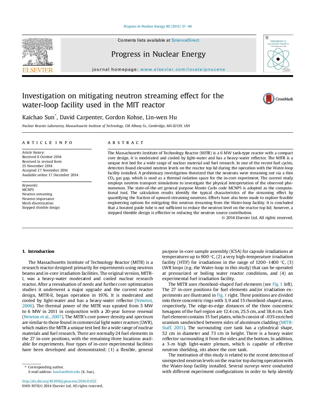 عکس صفحه اول مقاله: Investigation on mitigating neutron streaming effect for the water-loop facility used in the MIT reactor Investigation on mitigating neutron streaming effect for the water-loop facility used in the MIT reactor