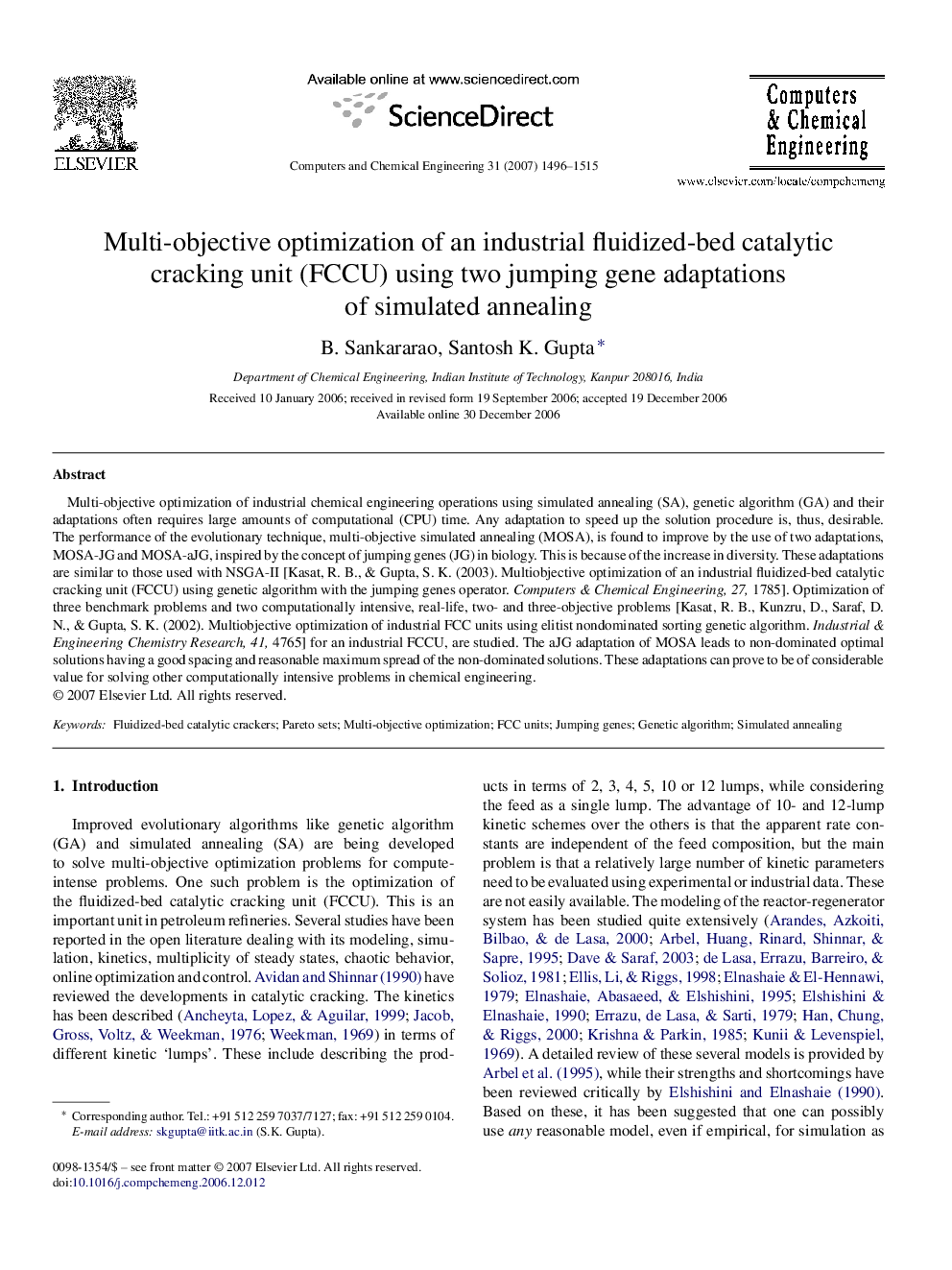 Multi-objective optimization of an industrial fluidized-bed catalytic cracking unit (FCCU) using two jumping gene adaptations of simulated annealing