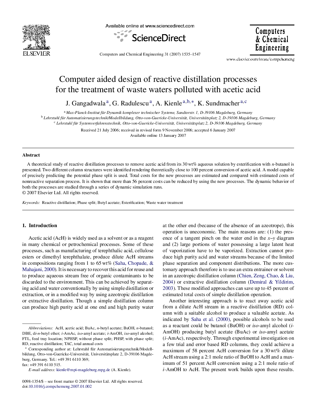 عکس صفحه اول مقاله: Computer aided design of reactive distillation processes for the treatment of waste waters polluted with acetic acid Computer aided design of reactive distillation processes for the treatment of waste waters polluted with acetic acid