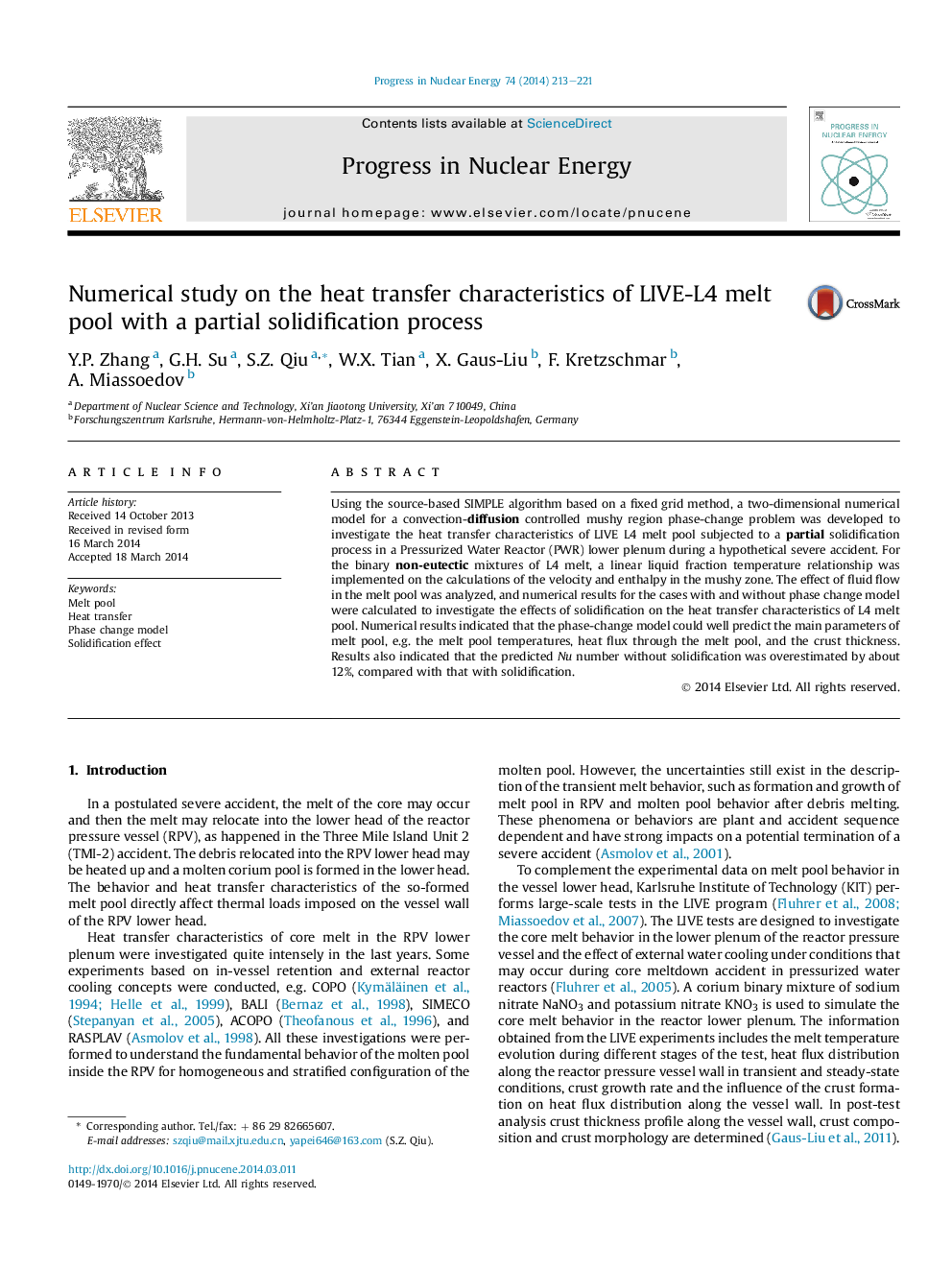 Numerical study on the heat transfer characteristics of LIVE-L4 melt pool with a partial solidification process