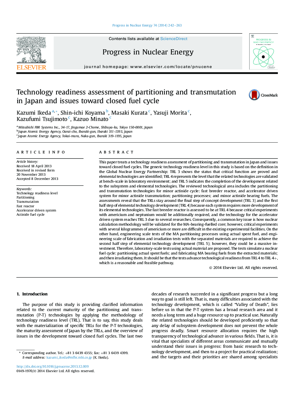 Technology readiness assessment of partitioning and transmutation in Japan and issues toward closed fuel cycle