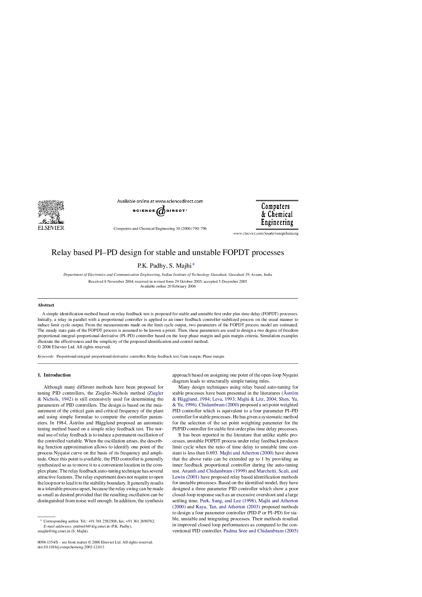 Relay based PI–PD design for stable and unstable FOPDT processes