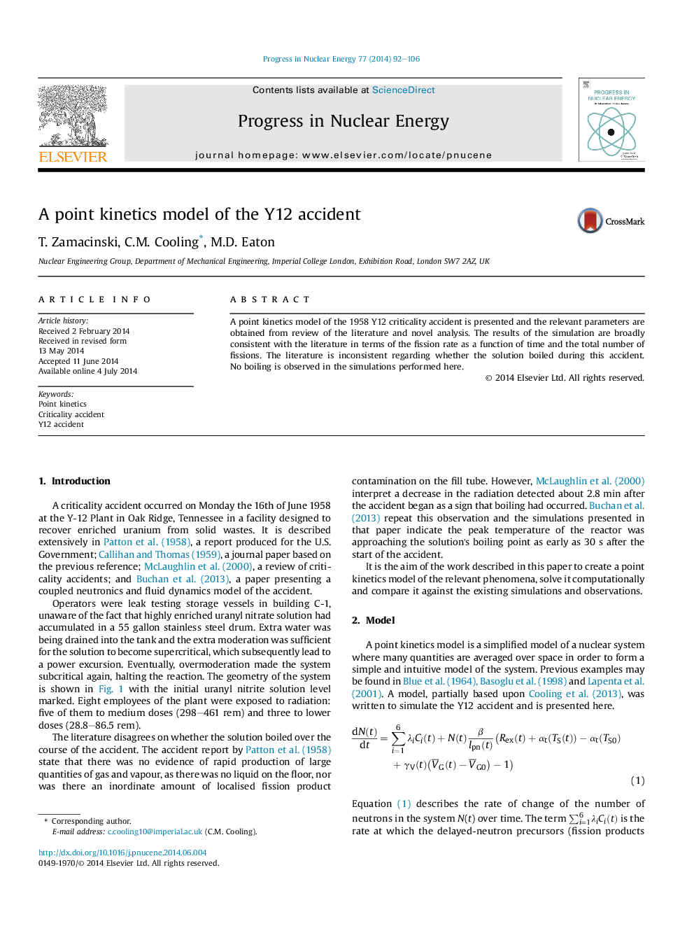 A point kinetics model of the Y12 accident