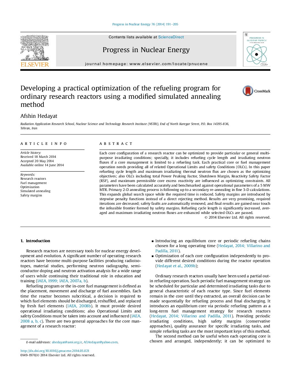 توسعه یک عملیات بهینه سازی برنامه سوختگیری برای راکتورهای تحقیق عادی با استفاده از یک روش خنک کننده شبیه سازی اصلاح شده 