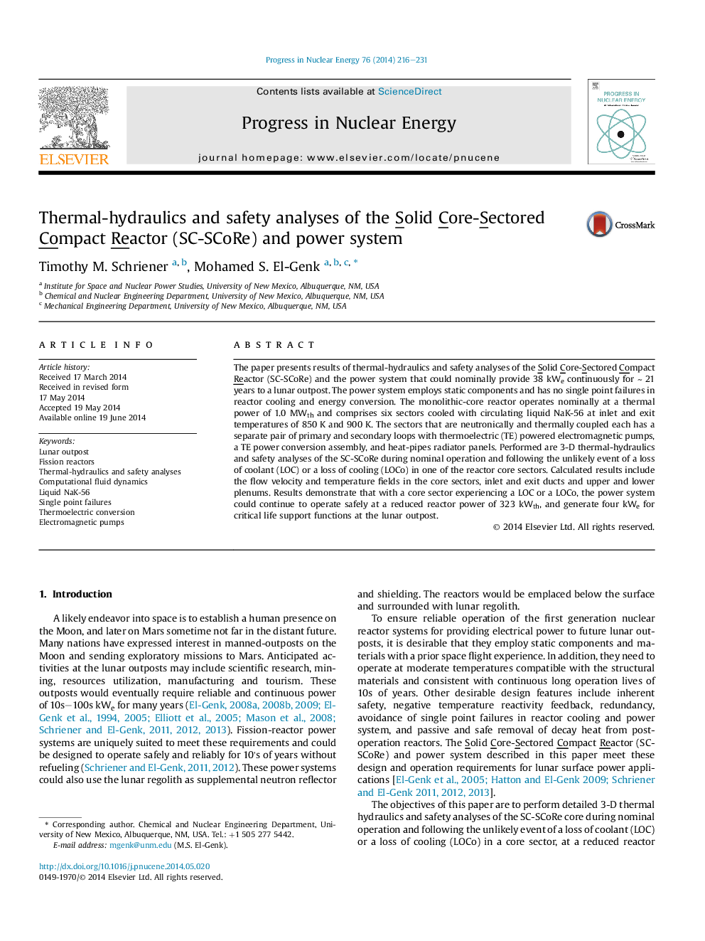 Thermal-hydraulics and safety analyses of the Solid Core-Sectored Compact Reactor (SC-SCoRe) and power system