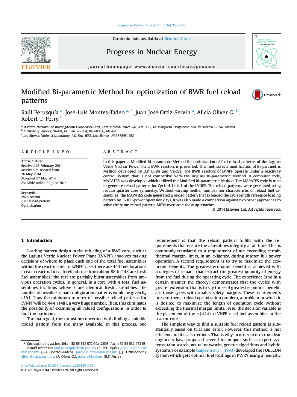 عکس صفحه اول مقاله: Modified Bi-parametric Method for optimization of BWR fuel reload patterns Modified Bi-parametric Method for optimization of BWR fuel reload patterns