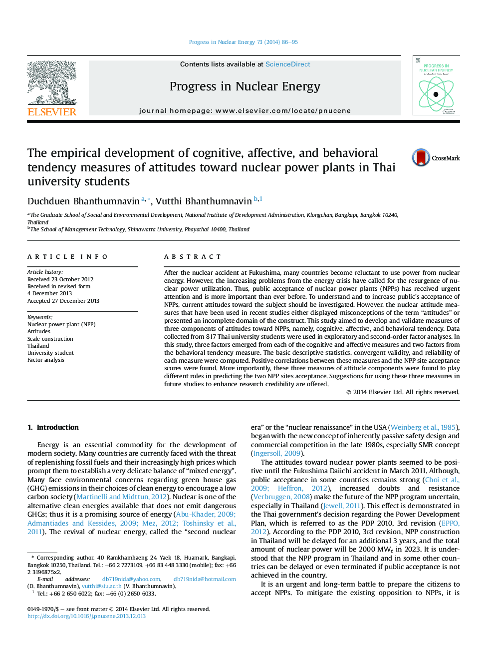 The empirical development of cognitive, affective, and behavioral tendency measures of attitudes toward nuclear power plants in Thai university students