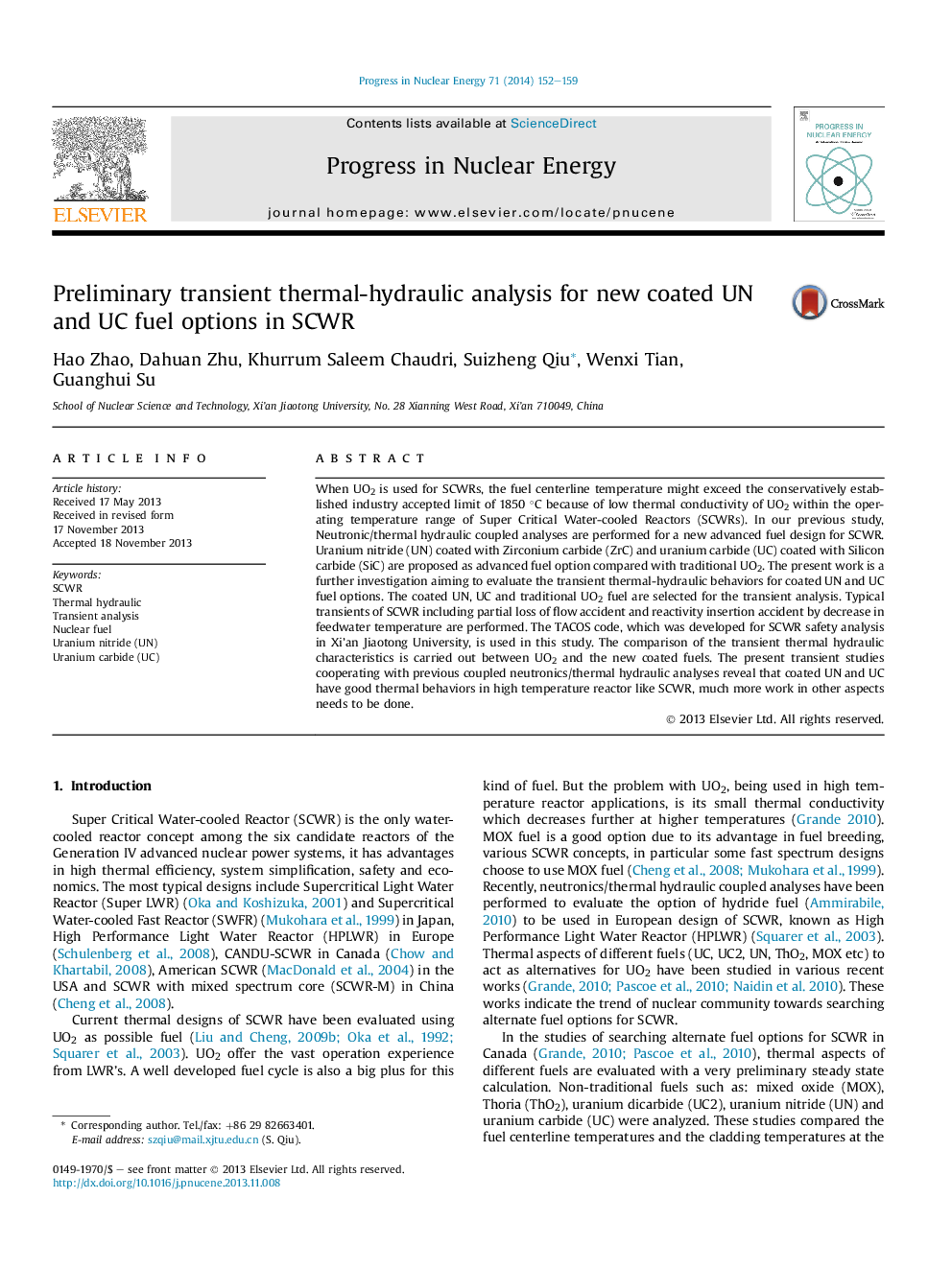 Preliminary transient thermal-hydraulic analysis for new coated UN and UC fuel options in SCWR