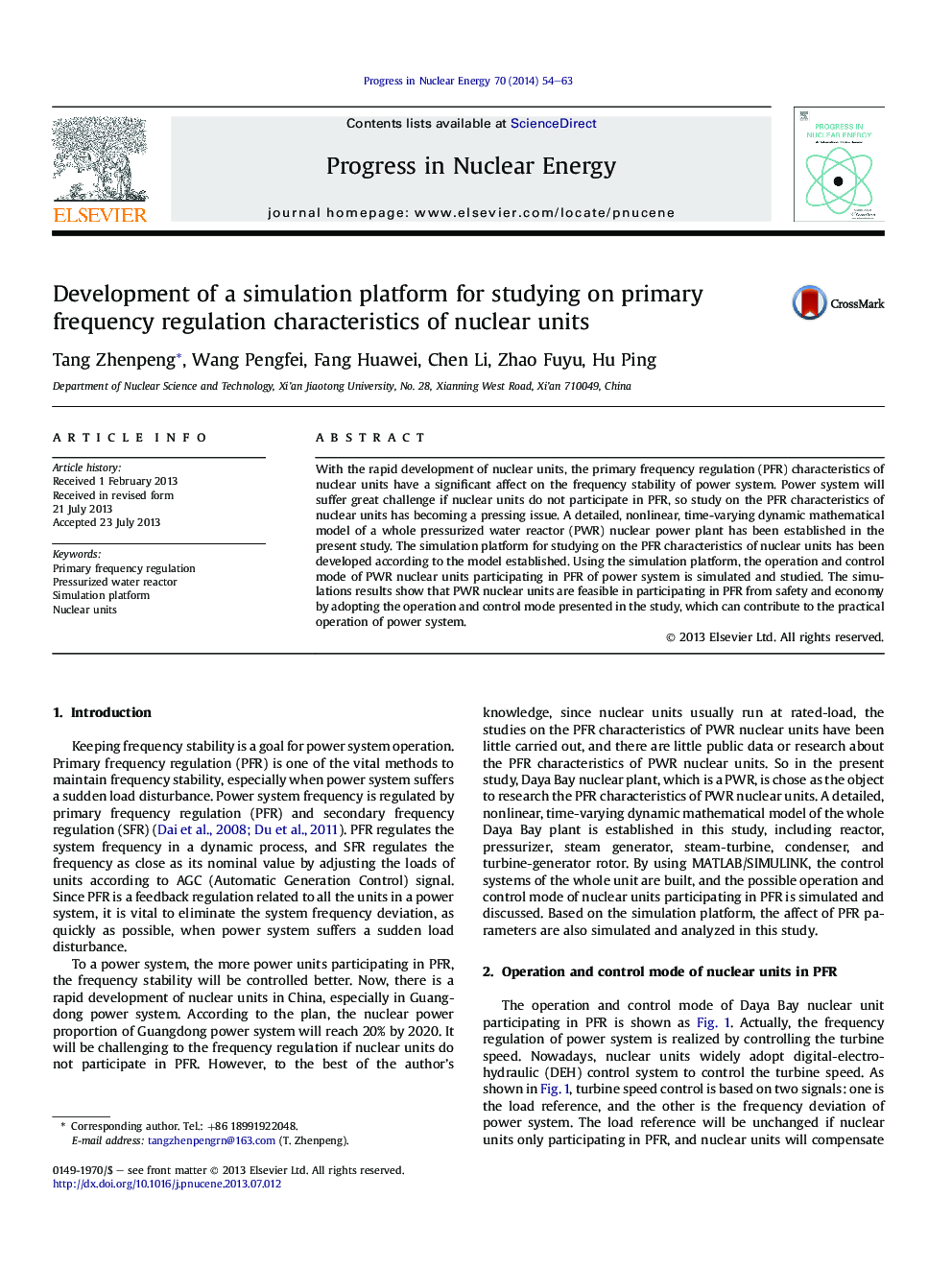 Development of a simulation platform for studying on primary frequency regulation characteristics of nuclear units