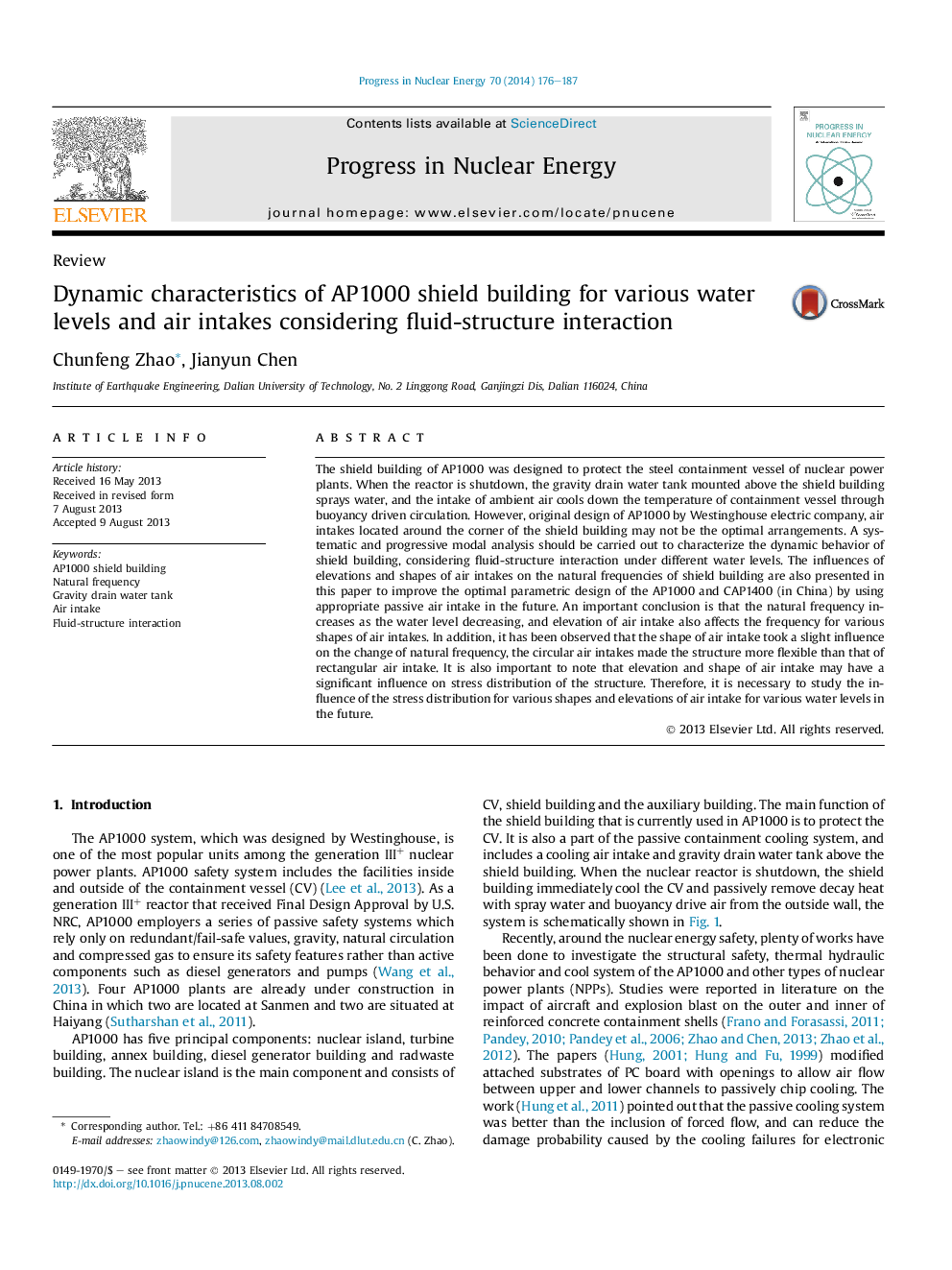 Dynamic characteristics of AP1000 shield building for various water levels and air intakes considering fluid-structure interaction