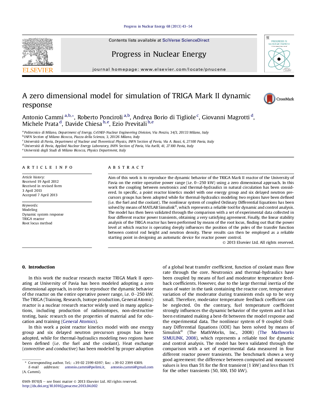 A zero dimensional model for simulation of TRIGA Mark II dynamic response