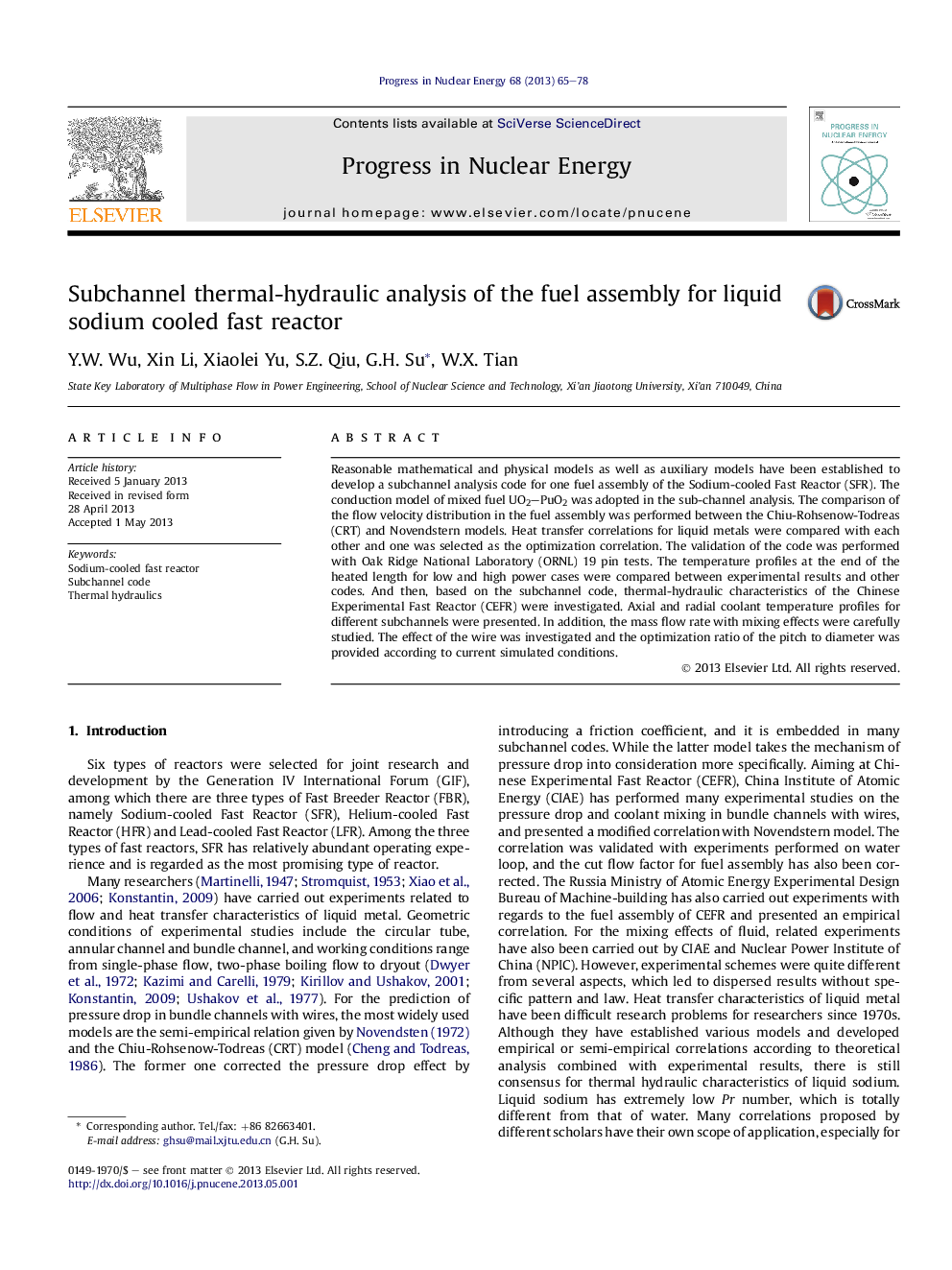 Subchannel thermal-hydraulic analysis of the fuel assembly for liquid sodium cooled fast reactor