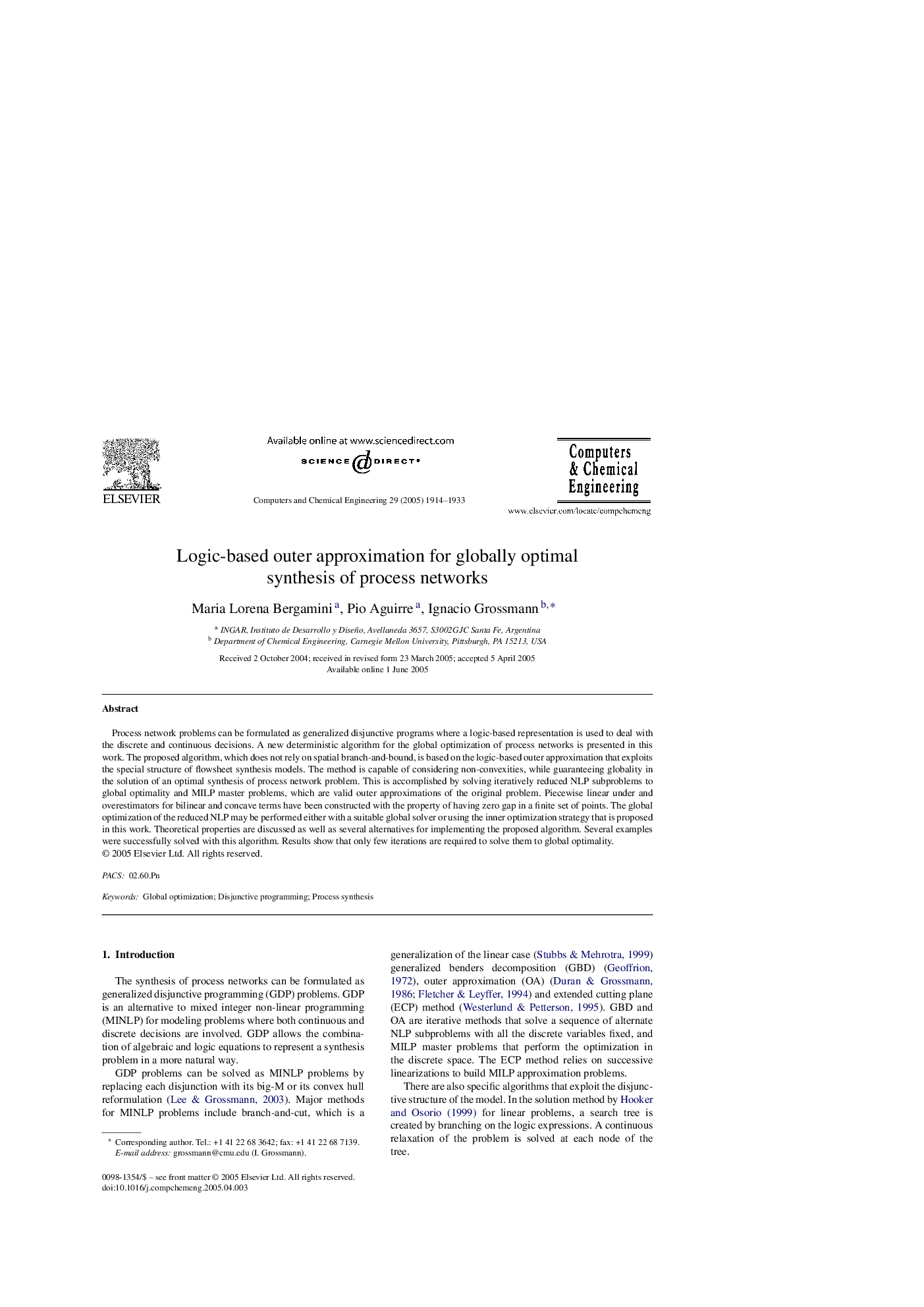 Logic-based outer approximation for globally optimal synthesis of process networks