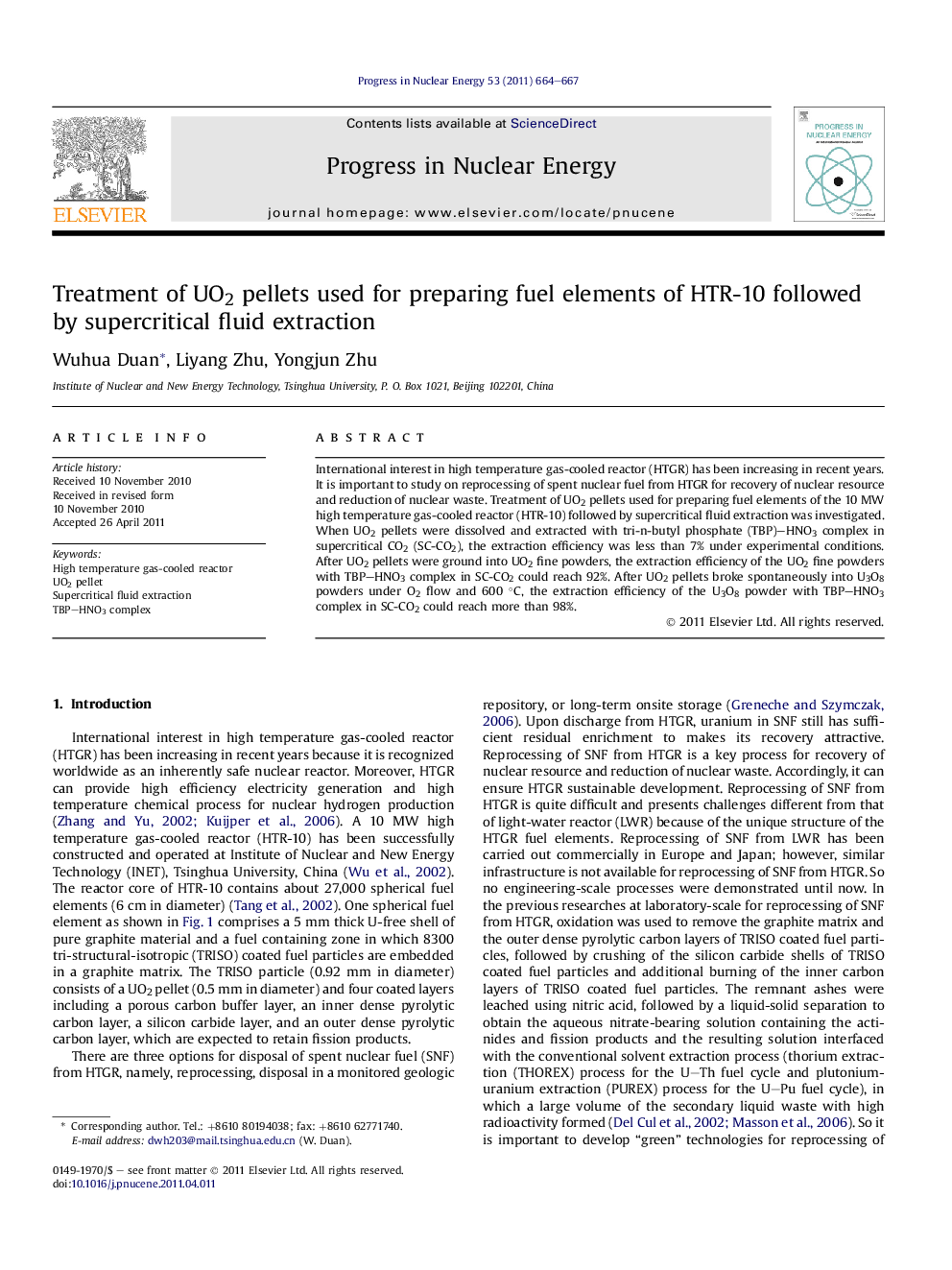 Treatment of UO2 pellets used for preparing fuel elements of HTR-10 followed by supercritical fluid extraction