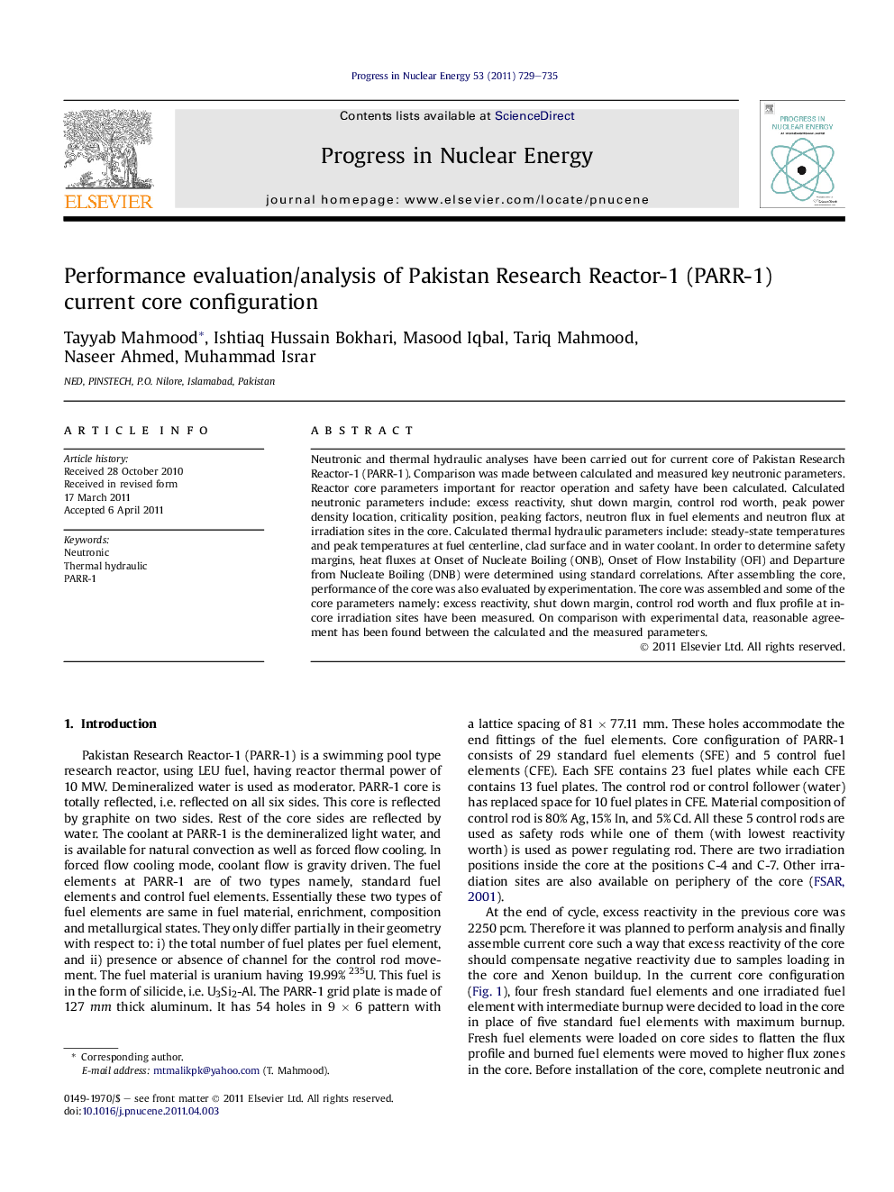 Performance evaluation/analysis of Pakistan Research Reactor-1 (PARR-1) current core configuration