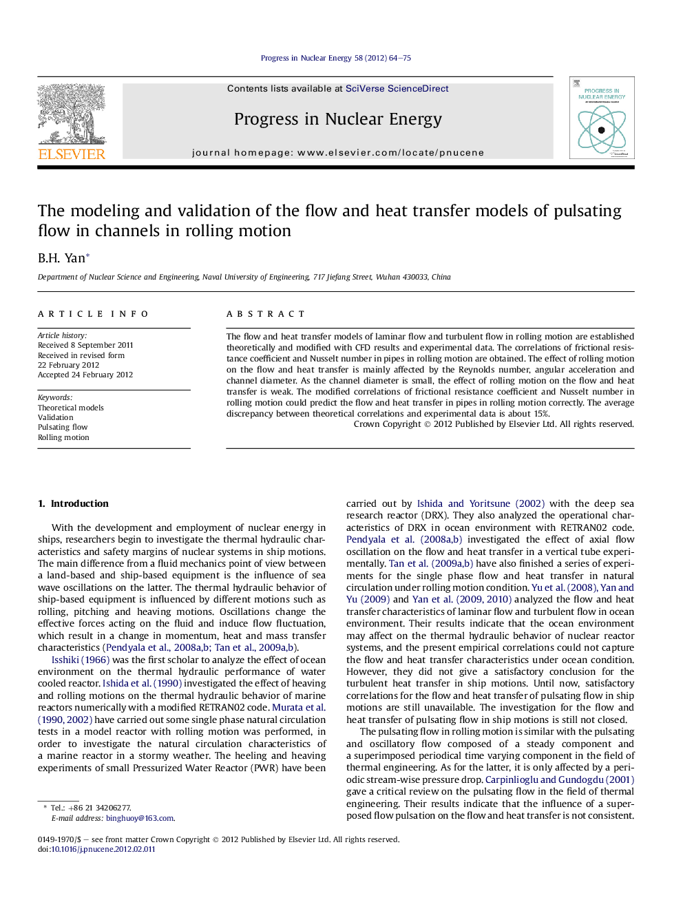 The modeling and validation of the flow and heat transfer models of pulsating flow in channels in rolling motion