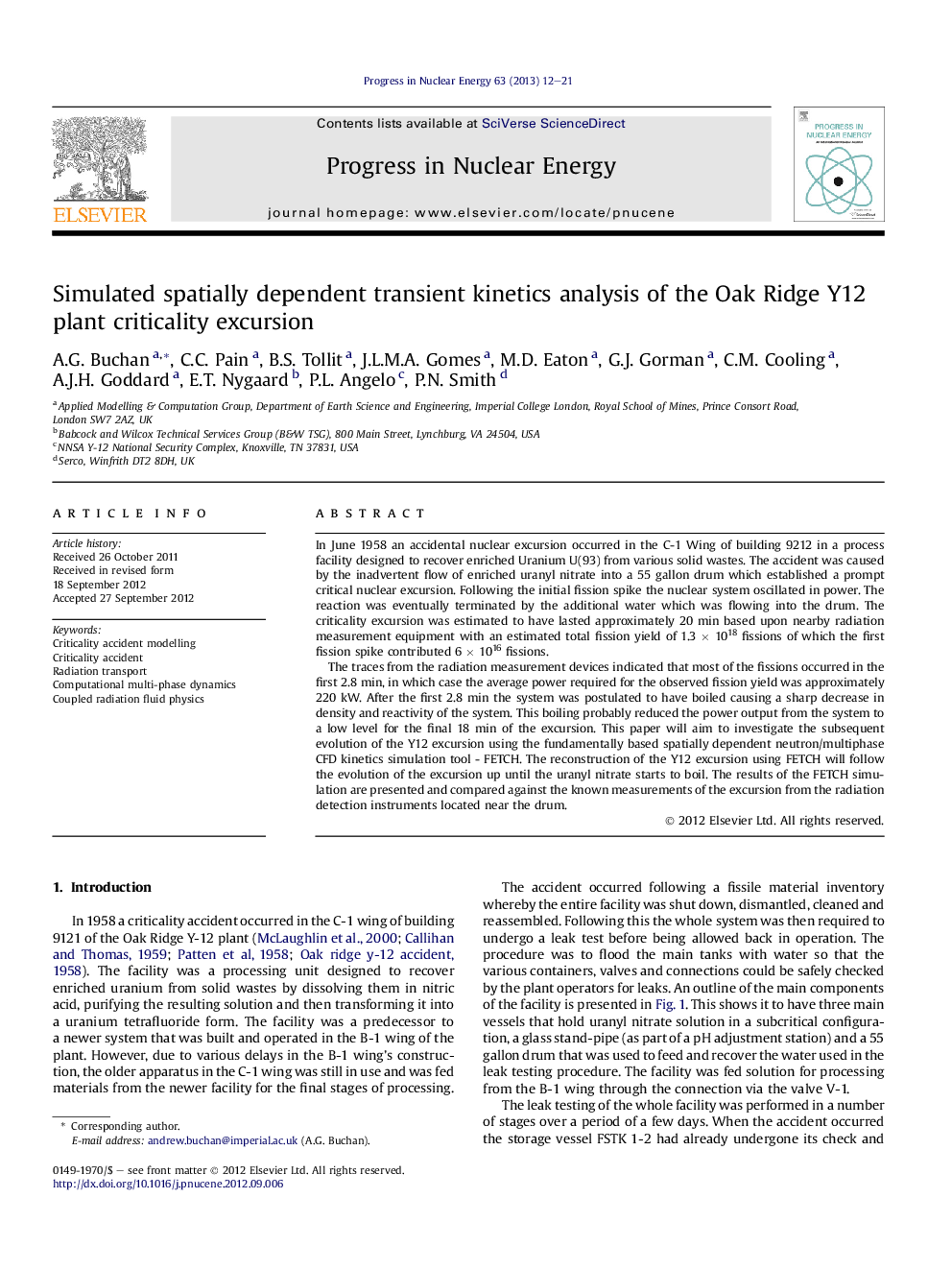 Simulated spatially dependent transient kinetics analysis of the Oak Ridge Y12 plant criticality excursion