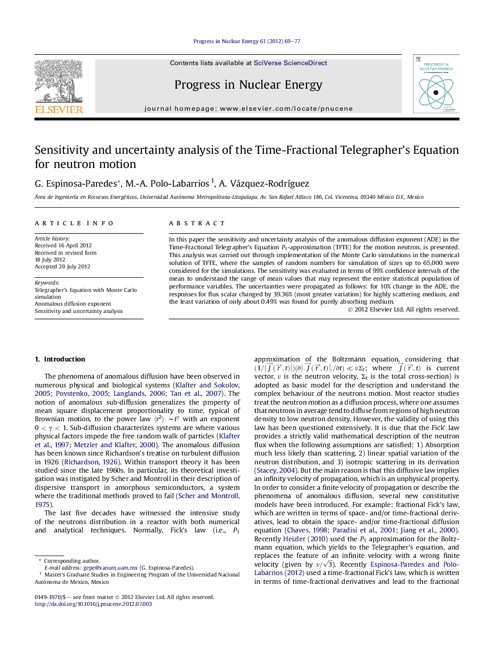 Sensitivity and uncertainty analysis of the Time-Fractional Telegrapher's Equation for neutron motion