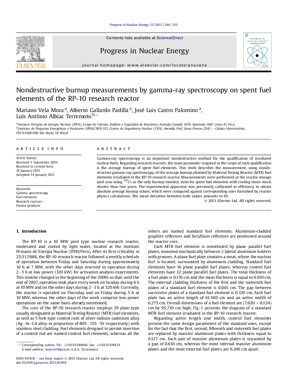 Nondestructive burnup measurements by gamma-ray spectroscopy on spent fuel elements of the RP-10 research reactor