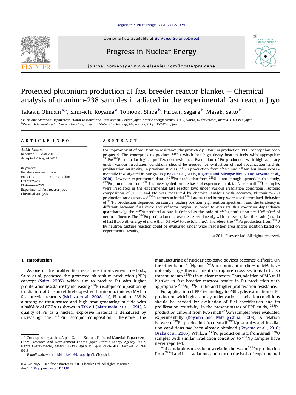 Protected plutonium production at fast breeder reactor blanket – Chemical analysis of uranium-238 samples irradiated in the experimental fast reactor Joyo