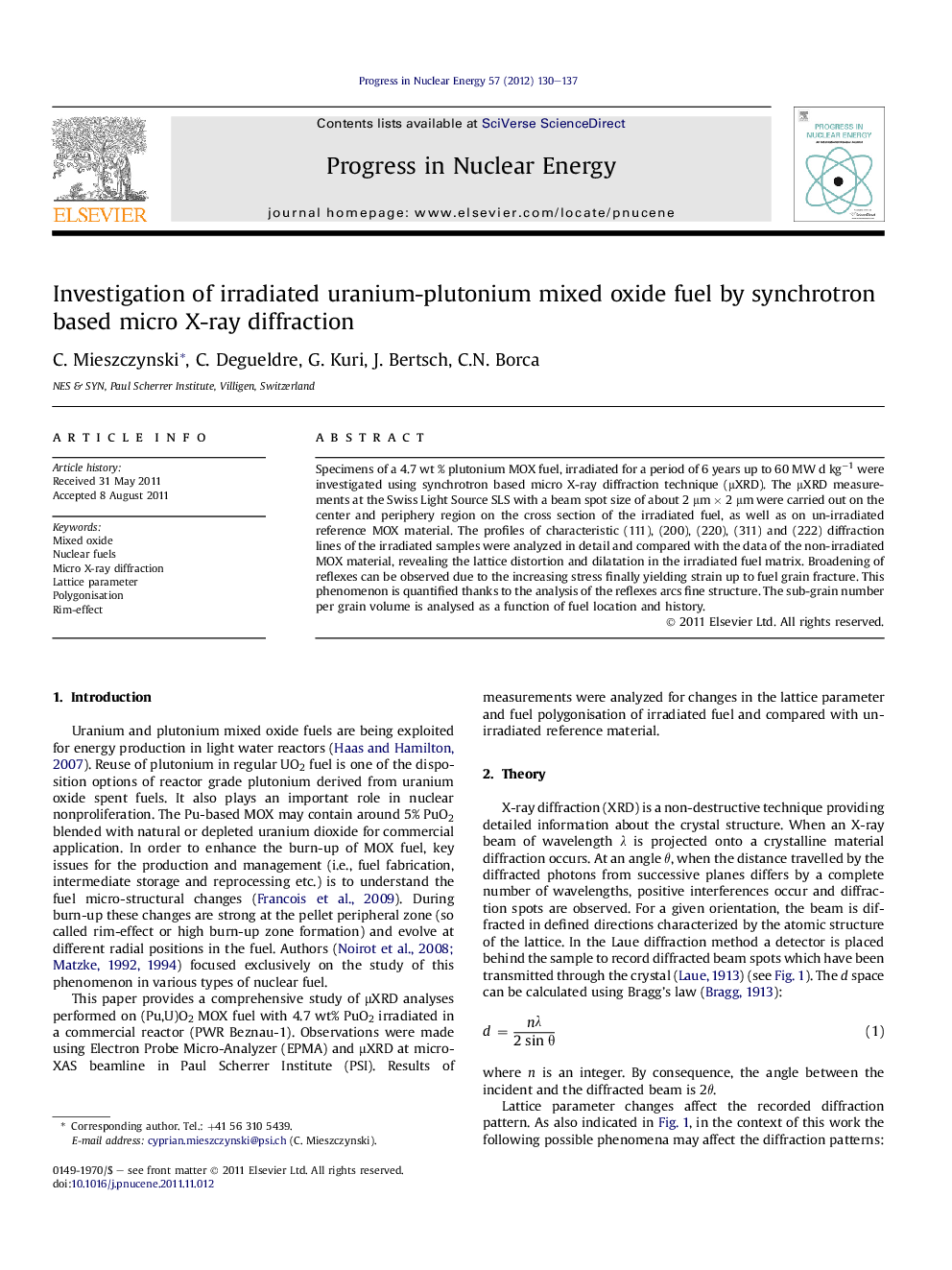 Investigation of irradiated uranium-plutonium mixed oxide fuel by synchrotron based micro X-ray diffraction