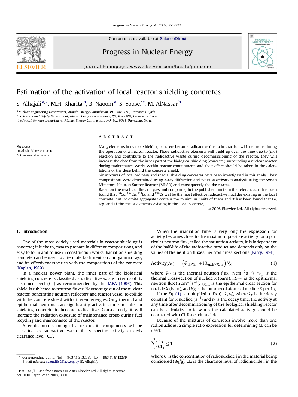 عکس صفحه اول مقاله: Estimation of the activation of local reactor shielding concretes Estimation of the activation of local reactor shielding concretes