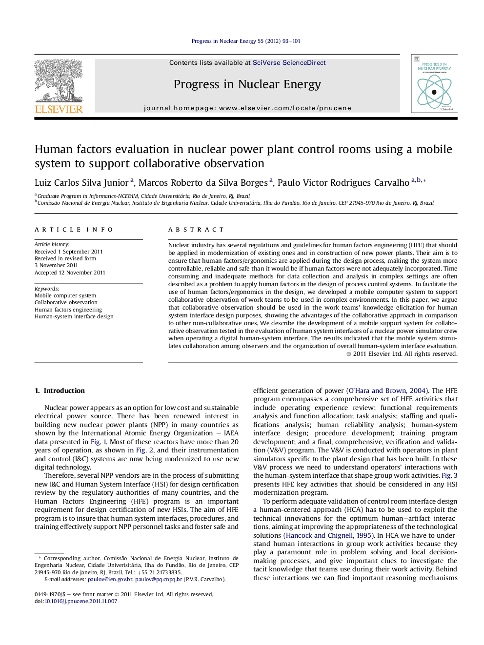 Human factors evaluation in nuclear power plant control rooms using a mobile system to support collaborative observation