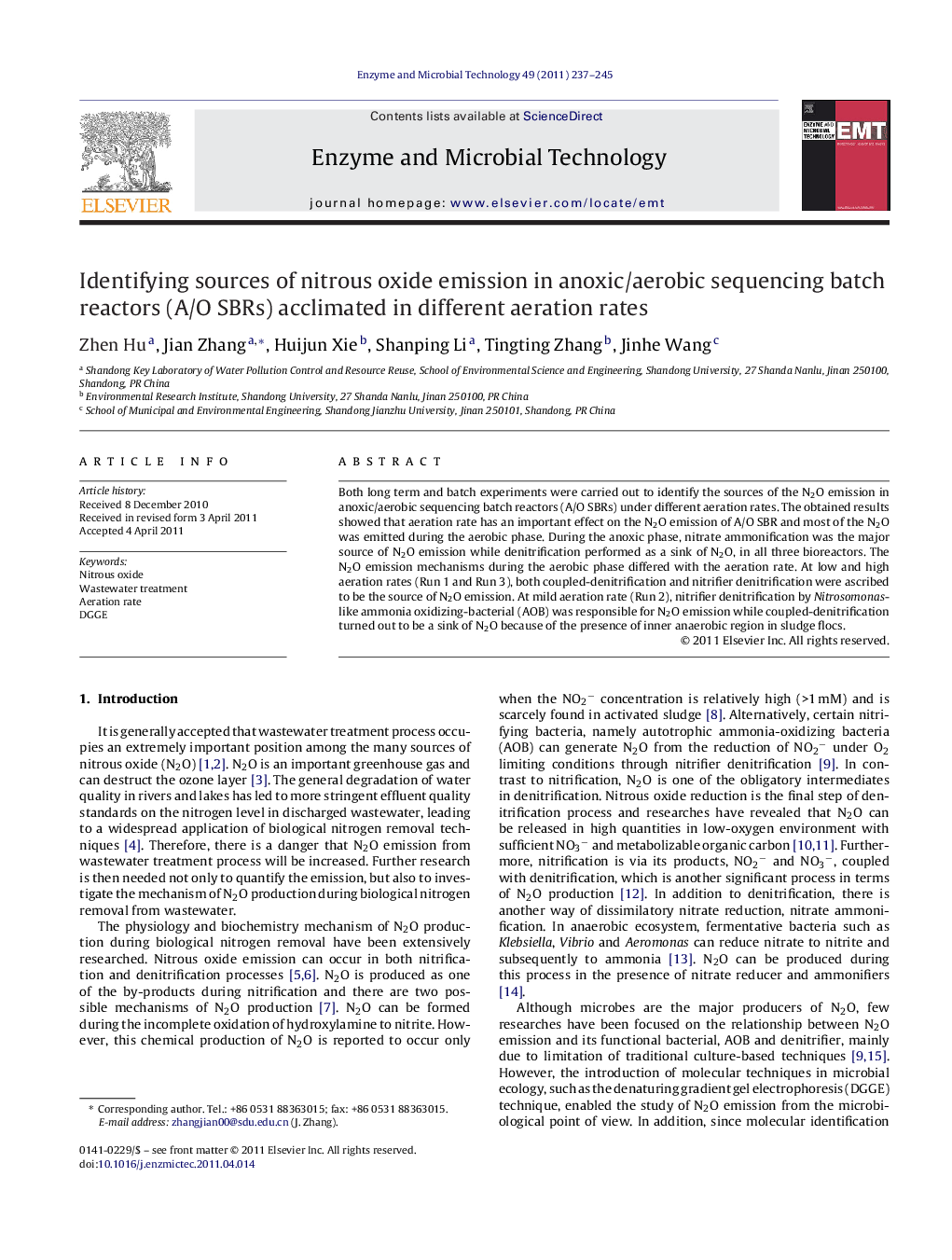 Identifying sources of nitrous oxide emission in anoxic/aerobic sequencing batch reactors (A/O SBRs) acclimated in different aeration rates